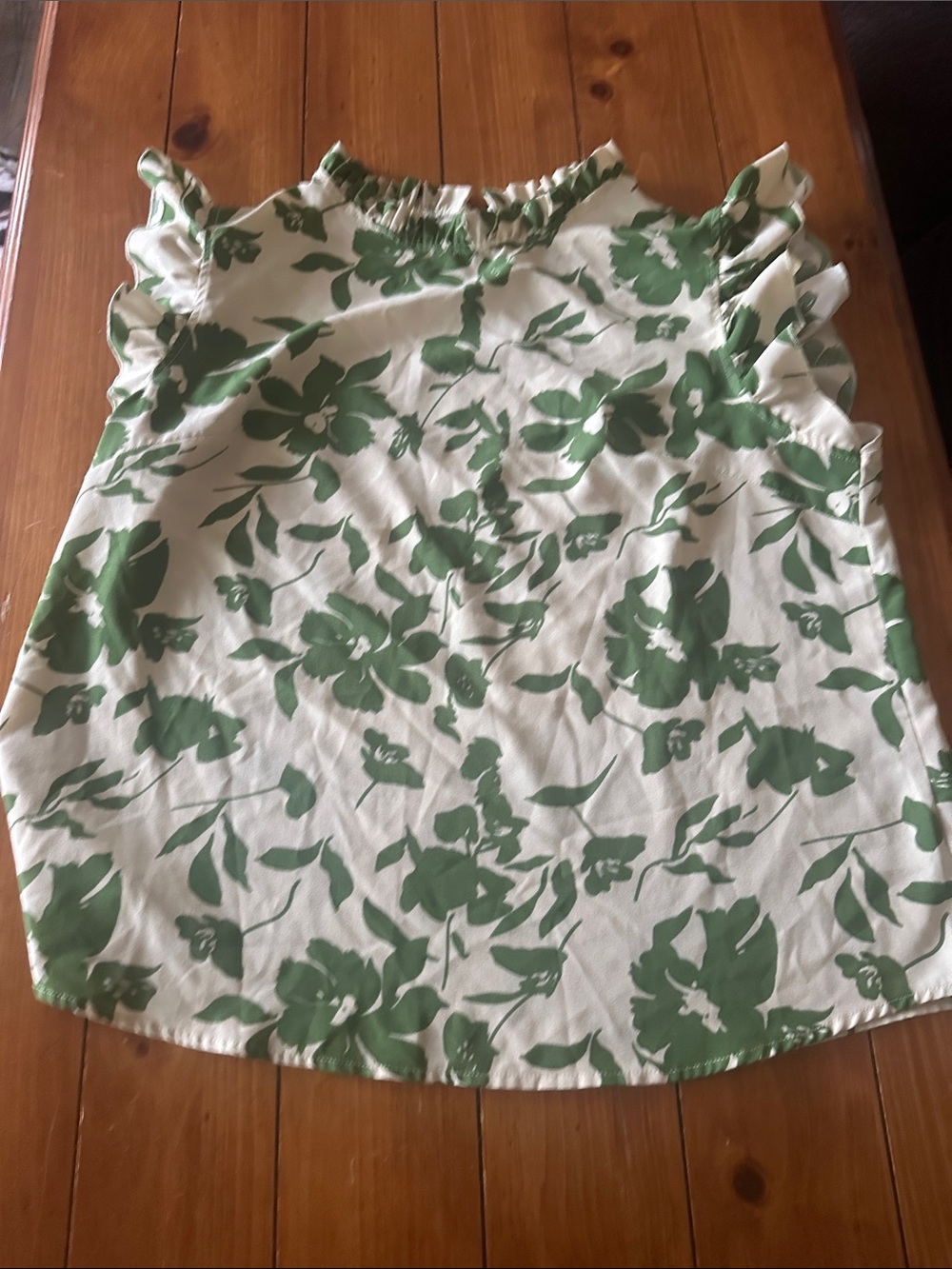 SHEIN Green and White Floral Ruffle Neck Blouse